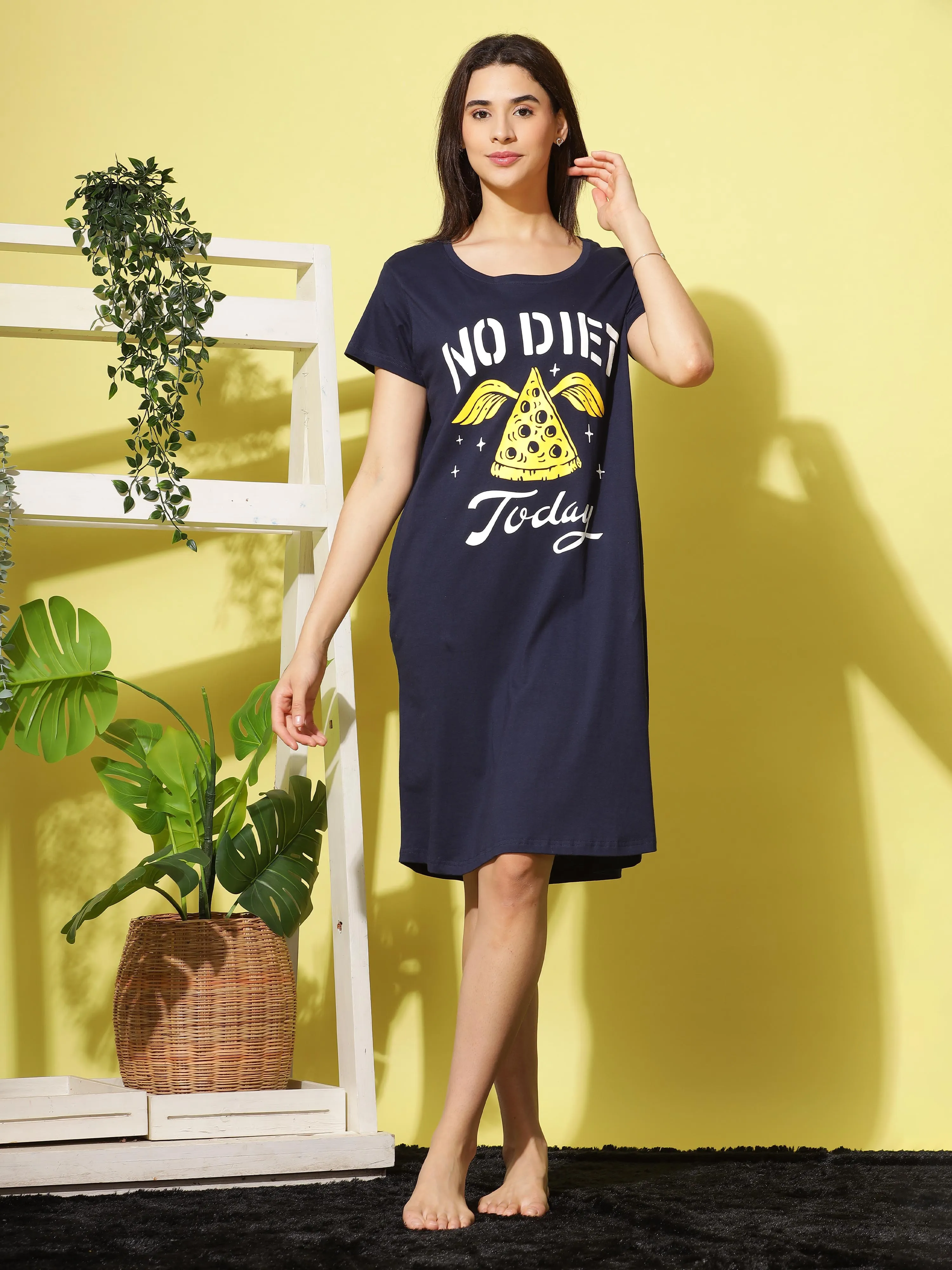 Navy Blue Hosiery Cotton Short Nighty Plus Size