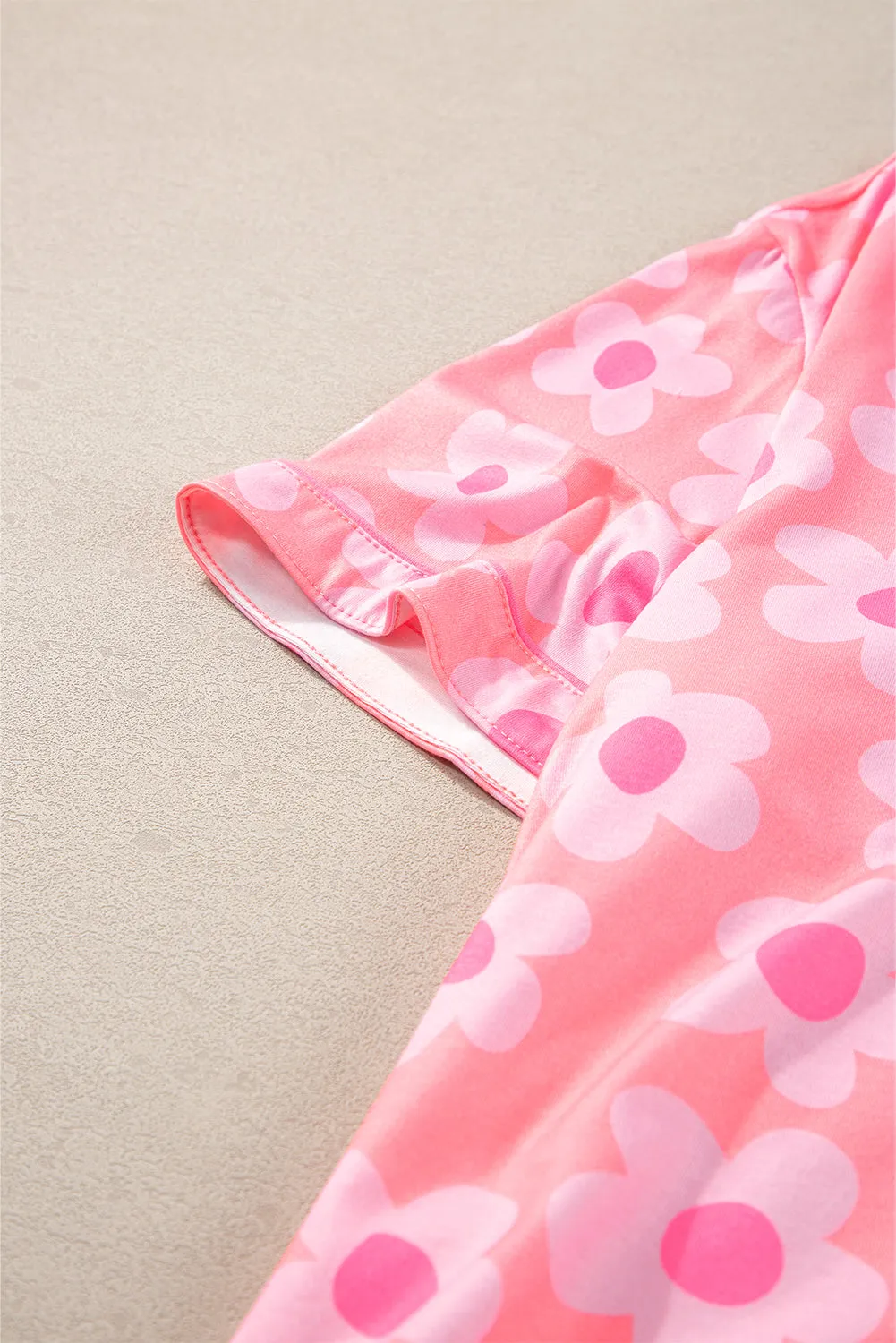 Pink Flower Print Short Sleeve Shirt Pajamas Set