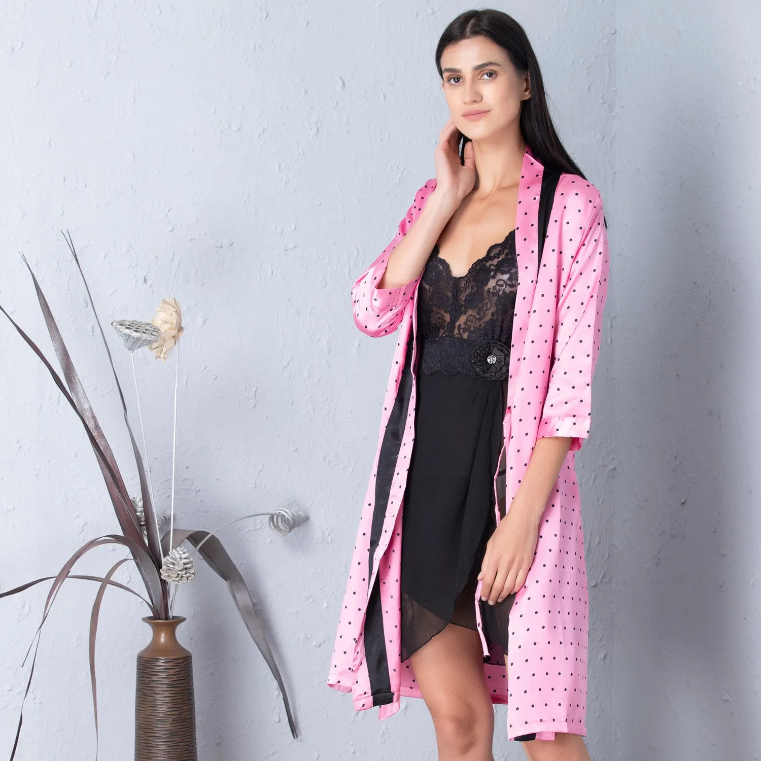 Polka dot Robe & Satin Nighty Nightgown set