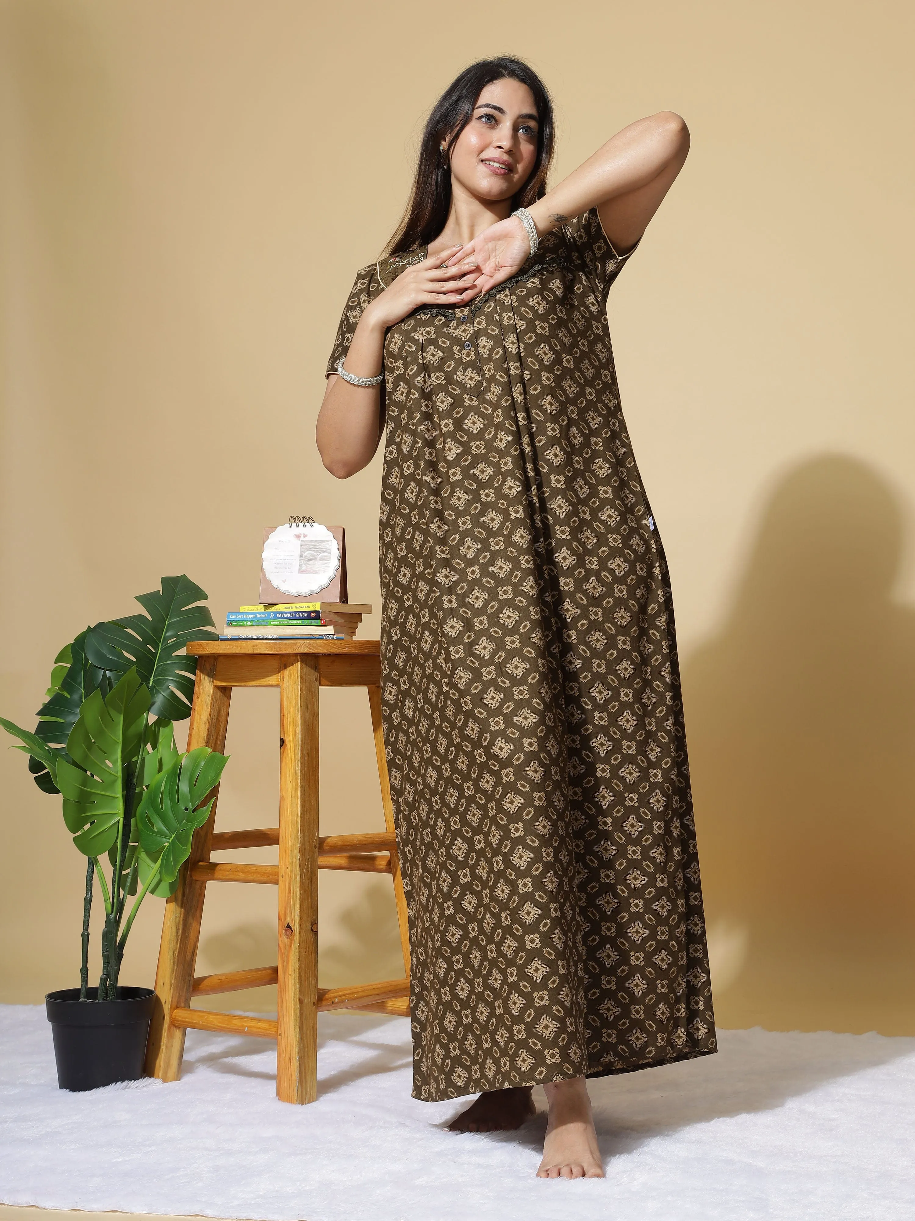 Poly Viscose Designer Coffee Nighty