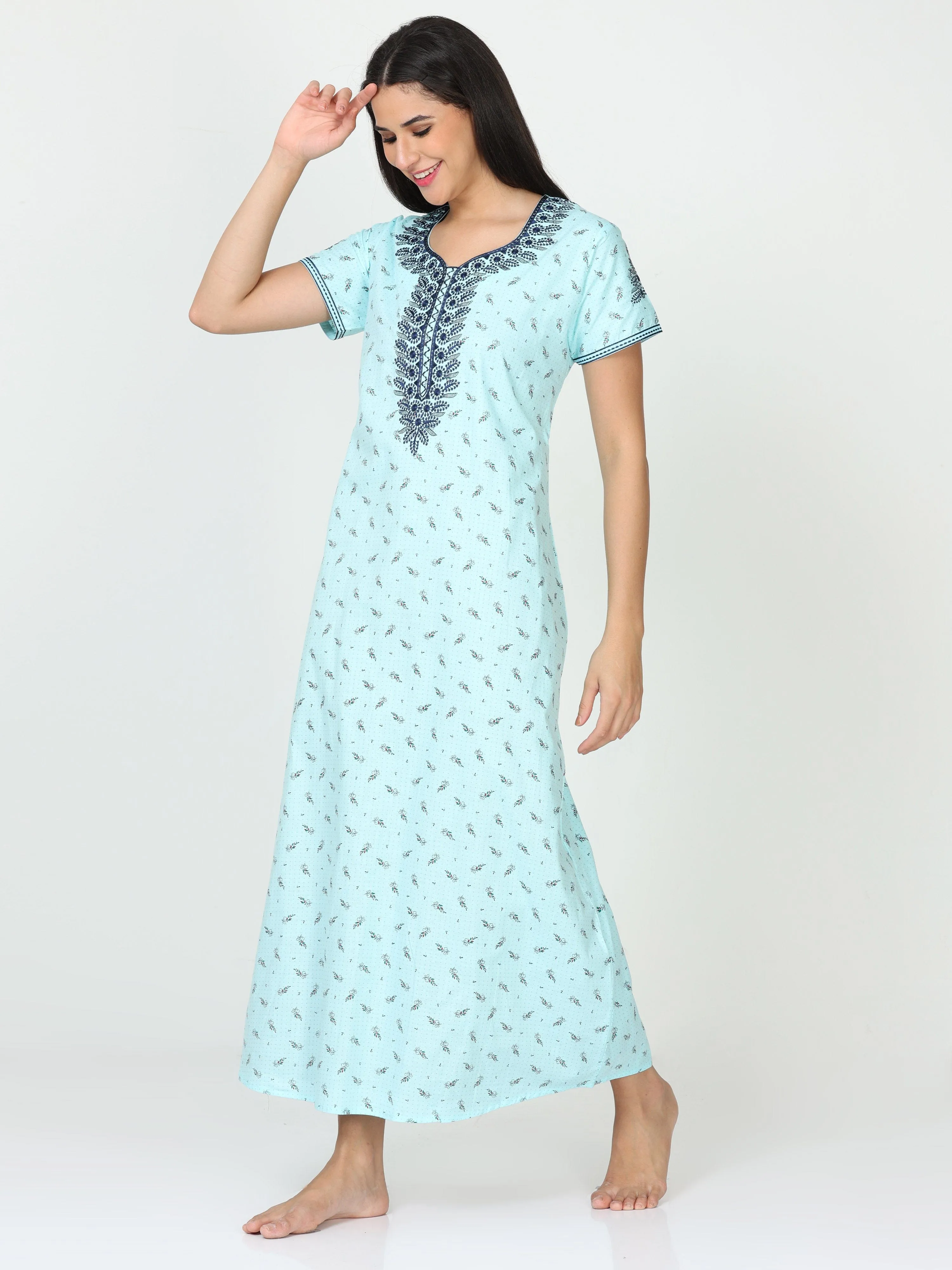 Pure Cotton Designer Sky Blue Nighty