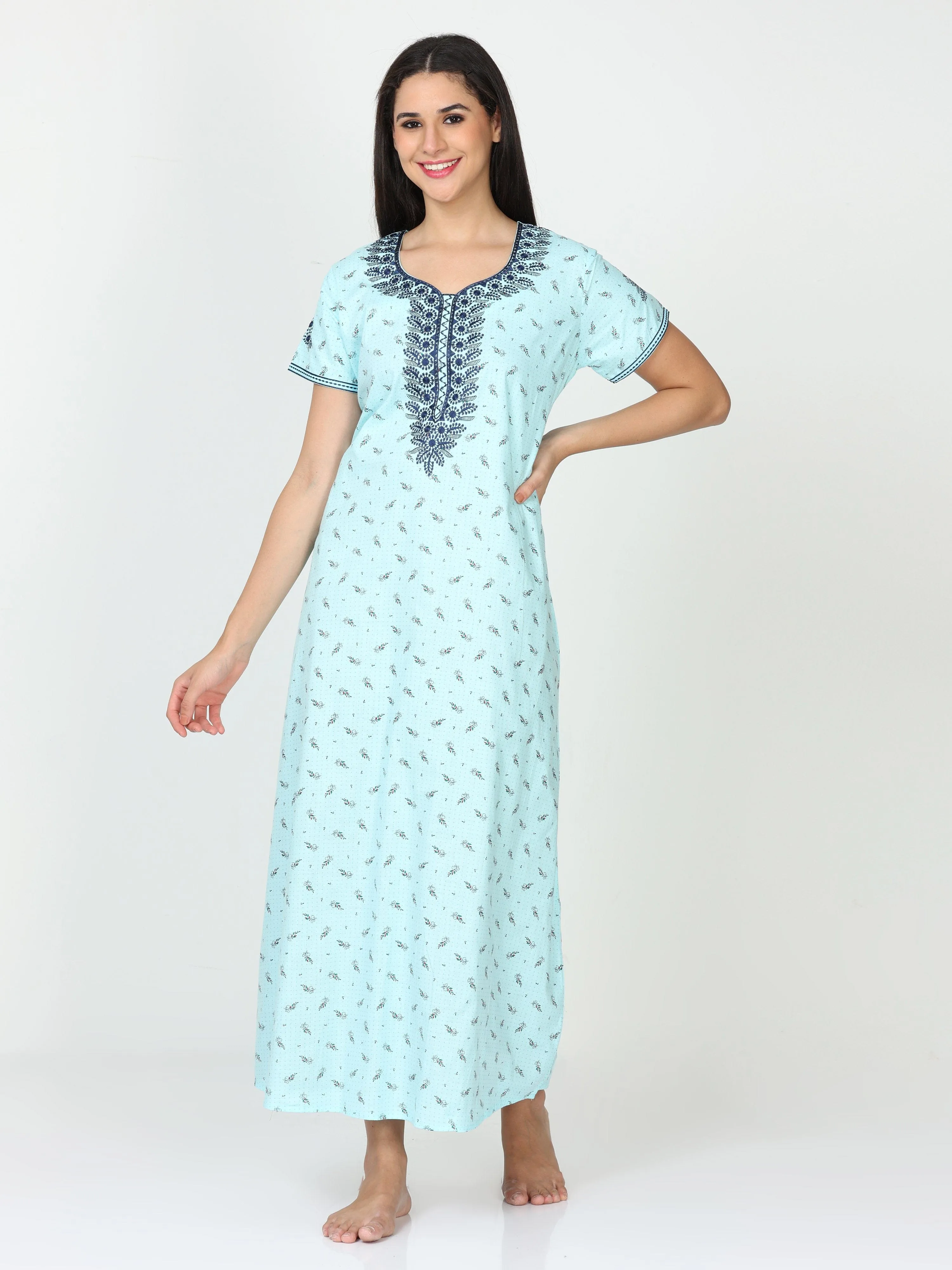 Pure Cotton Designer Sky Blue Nighty