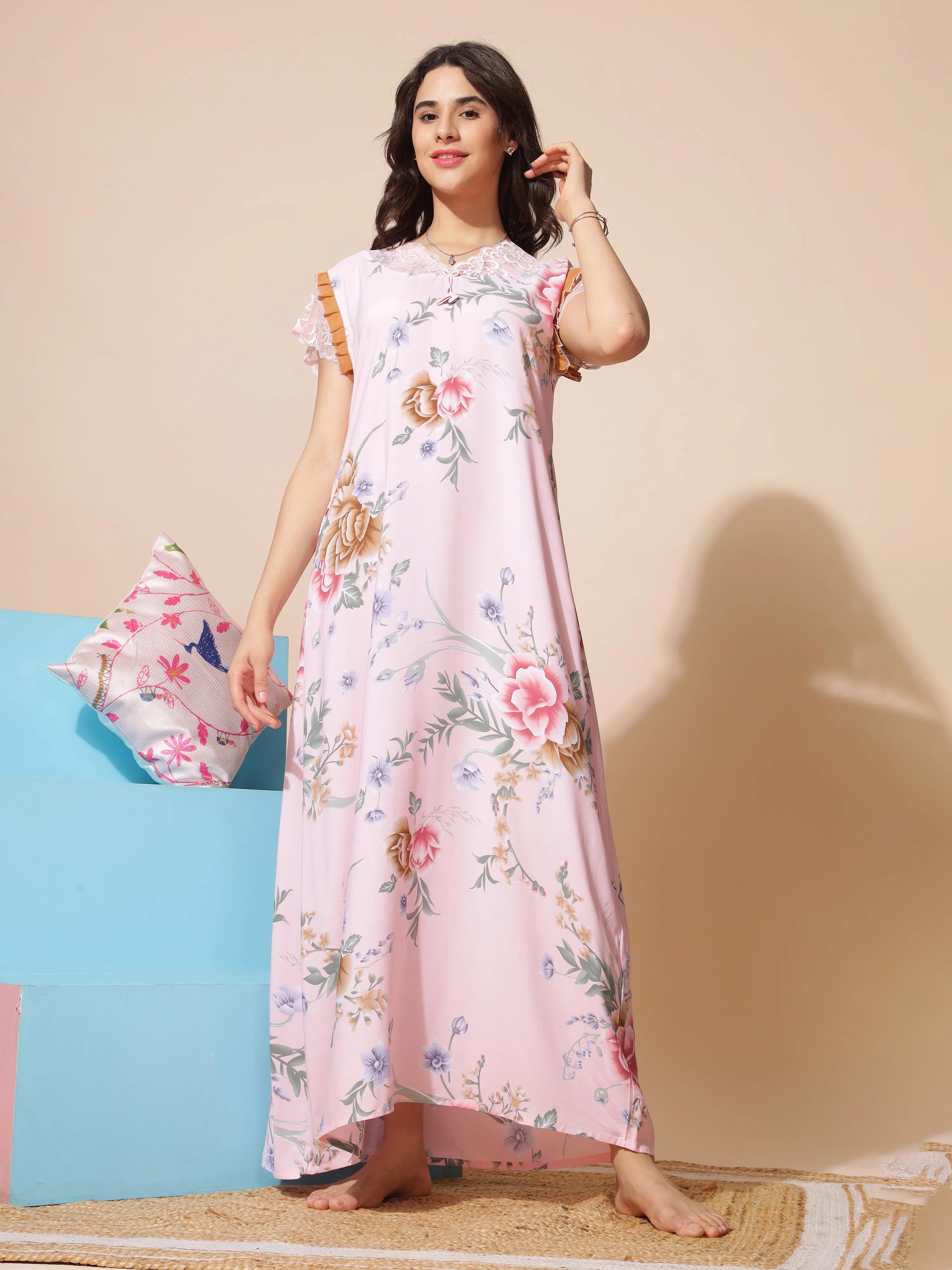 Rayon Designer Maxi Peach Nighty