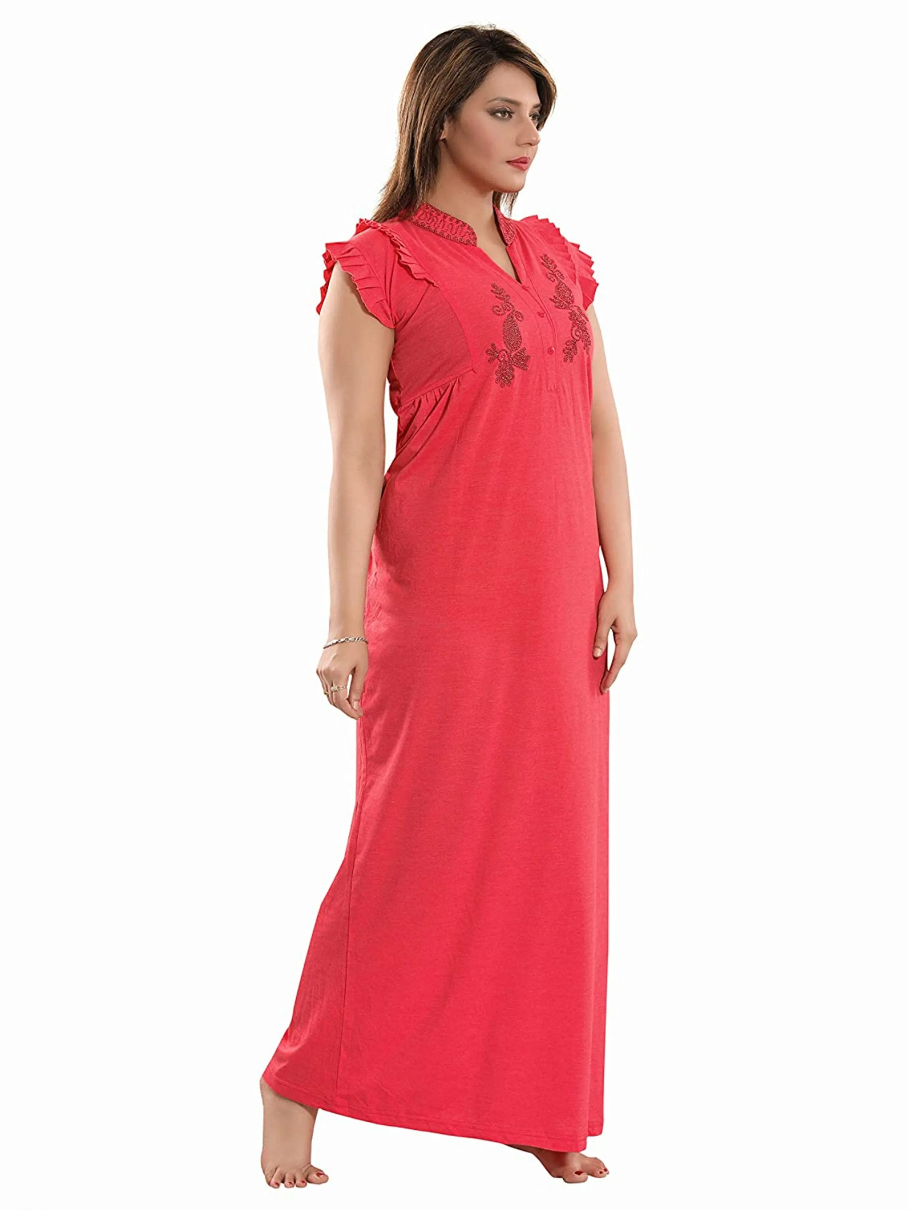 Red Cotton Blend Designer Nighty