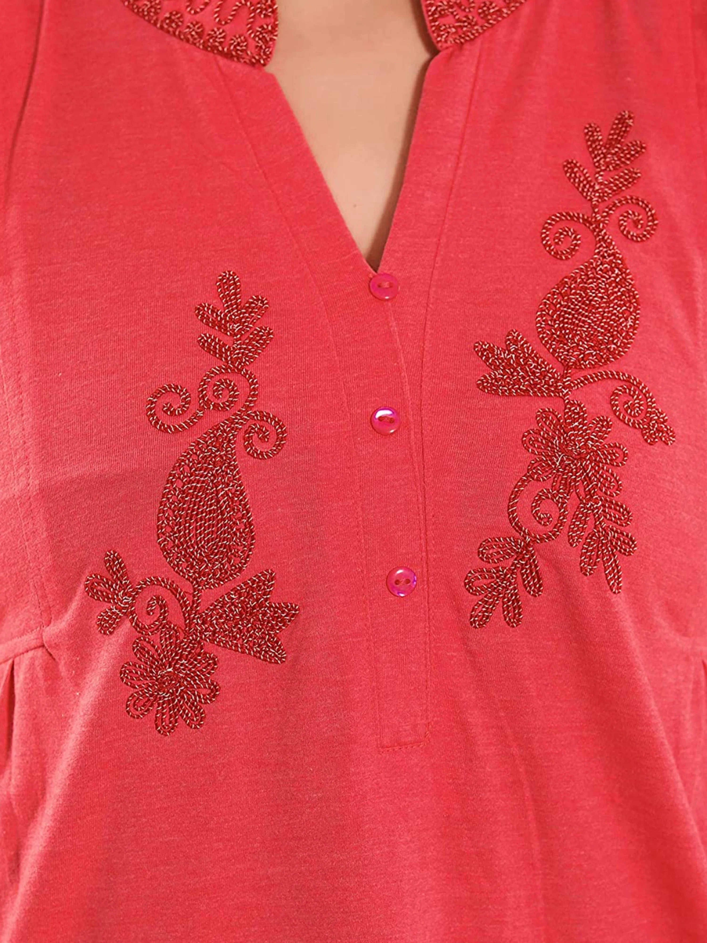 Red Cotton Blend Designer Nighty