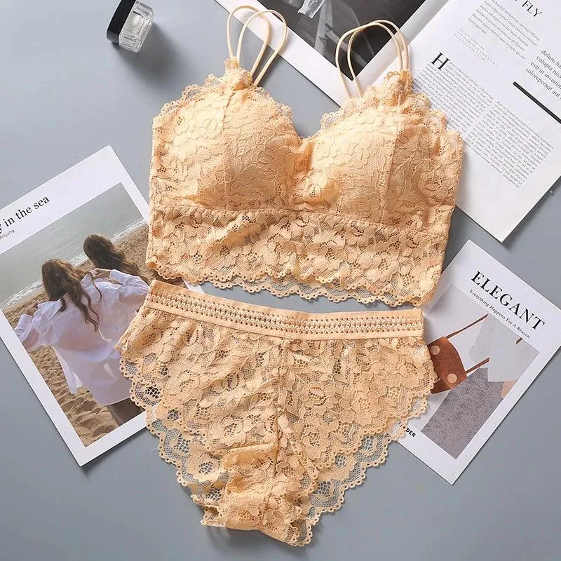 Women Lace Bra Panty Set Sexy Lingerie French Bralette Lace Panties Cropped Bra Panty Set Female Intimates Seamless Underwear Set