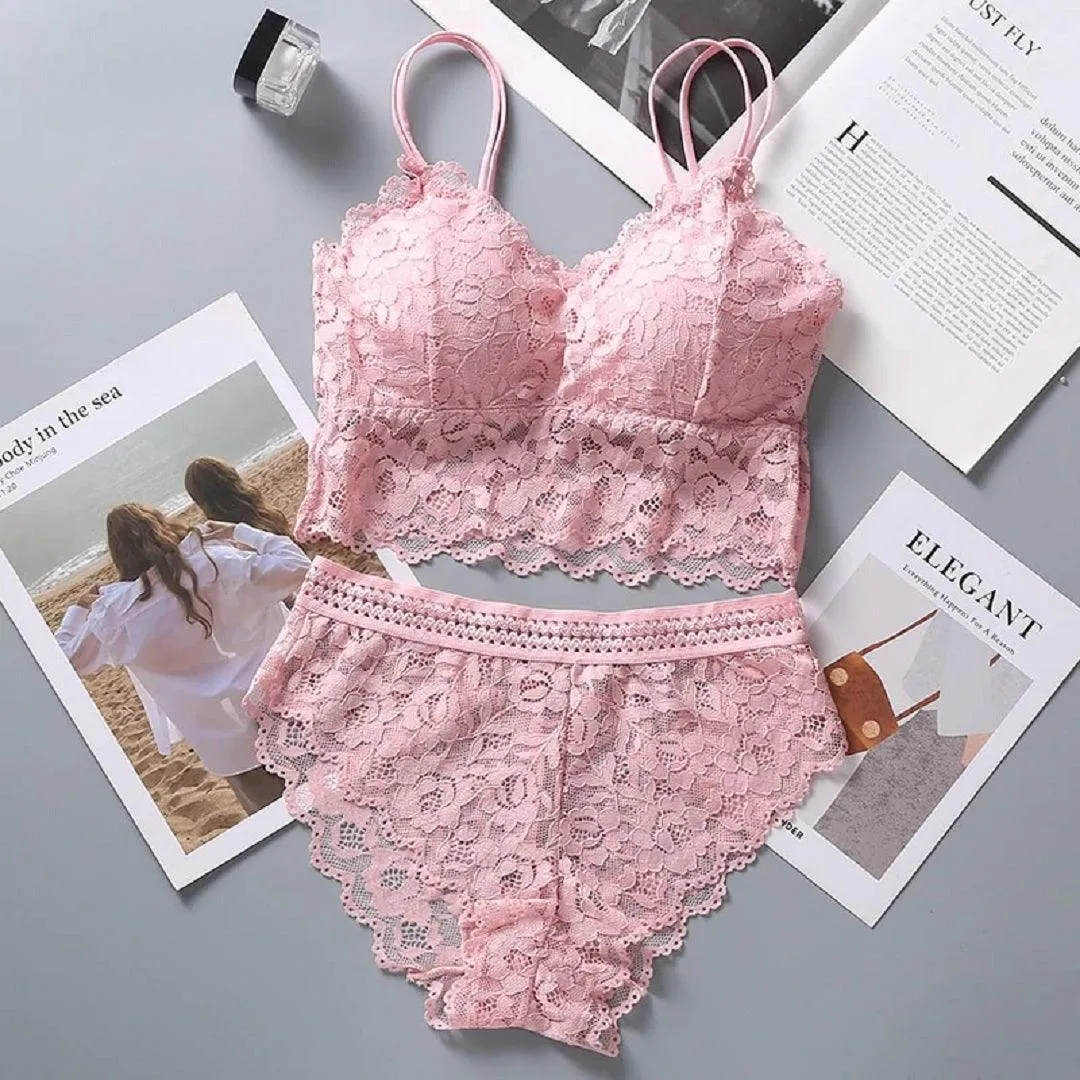 Women Lace Bra Panty Set Sexy Lingerie French Bralette Lace Panties Cropped Bra Panty Set Female Intimates Seamless Underwear Set